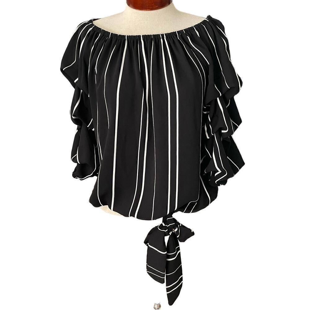 Coco Blanco Mod Striped Blouse Sz Medium Tie Ruffle Detail